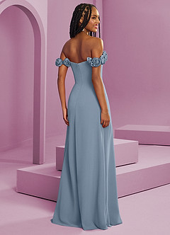 Barbie ♥ Azazie Suknie dla druhen Rozkloszowana szyfonowa sukienka z odkrytymi ramionami i kwiatowymi rozetkami image9