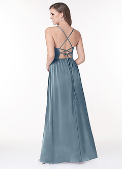 Azazie Raya Bridesmaid Dresses Dusty Blue A-Line V-Neck Pleated Stretch Satin Dress image2
