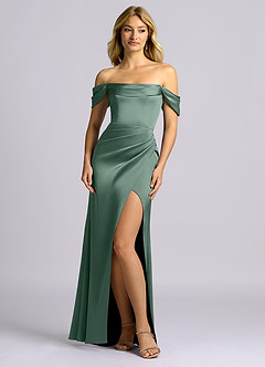 Azazie Auden Abiti da Damigella Abito Convertibile Tubino in Raso Elasticizzato a Spalla Scoperta Eucalipto image1