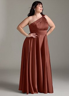 Azazie Charlize Bridesmaid Dresses Auburn A-Line One Shoulder Stretch Satin Dress image12