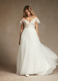 Azazie Iva Wedding Dresses Diamond White Champagne A-Line V-Neck Sequins Tulle Dress image3
