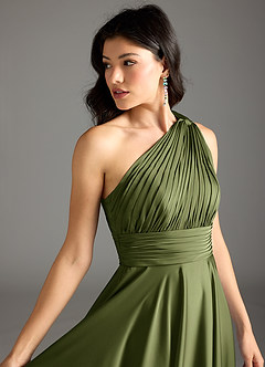 Azazie Charlize Robes de demoiselle d'honneur Robe Trapèze en Satin extensible Asymétrique Olive image15