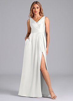 Azazie Karina Bridesmaid Dresses White A-Line Pleated Stretch Satin Dress image1