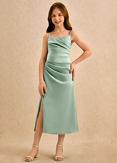 Azazie Canna Girls Formal Blomsterpigekjoler A-Line Plisseret Stræk satin Te-længde Kjole image4