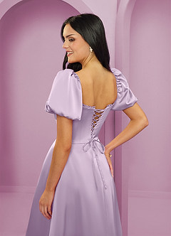 Barbie ♥ Azazie Bridesmaid Dresses Frosted Lilac A-Line Ruched Stretch Satin Dress image6