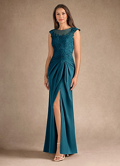 Azazie Santa Barbara Mother of the Bride Dresses Ink Blue Sheath Pleated Stretch Satin Dress image2