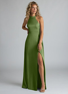 Azazie Clarice Bridesmaid Dresses Juniper A-Line High Neck Stretch Satin Dress image5