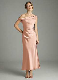 Azazie Emerson Bridesmaid Dresses Rose Gold Mermaid Off the Shoulder Stretch Satin Dress image1