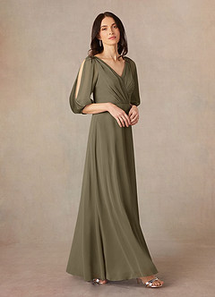 Azazie Bronwyn vestidos de madre de la novia Vestido de Verde Sauce de Gasa de Corte En A con Cuello de pico fruncido image1