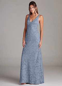 Azazie Tianna Bridesmaid Dresses Dusty Blue Sheath Lace Floral Burnout Dress image4