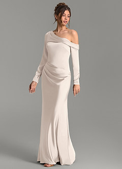 Azazie Sandra Bridesmaid Dresses White Alabaster Mermaid Long Sleeve Stretch Satin Dress image4