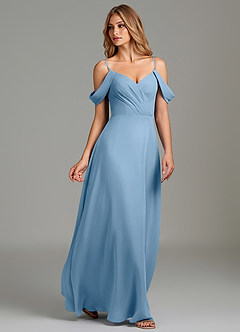 Azazie Julianne Bridesmaid Dresses Steel Blue A-Line Off the Shoulder Chiffon Dress image1