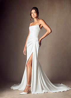 Azazie Elara Wedding Dresses Diamond White Mermaid Strapless Stretch Satin Dress image3