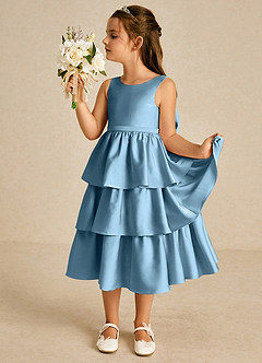 Azazie Margery vestidos de niña de las flores Vestido de Azul Acero de Satén Elástico de Corte En A con Lazo image4