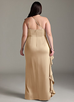 Azazie Latrice Bridesmaid Dresses Champagne Sheath One Shoulder Cascading Ruffles Stretch Satin Dress image7