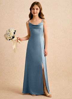 Azazie Shira Girls Formal Flower Girl Dresses Dusty Blue A-Line Pleated Stretch Satin Dress image5