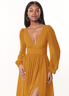 Azazie Norah Bridesmaid Dresses Butterscotch A-Line V-Neck Long Sleeve Chiffon Dress image5