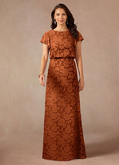 Azazie Lehi vestidos de madre de la novia Vestido de Naranja Quemada de Devorado Floral de Corte en A con Cuello de barco image4