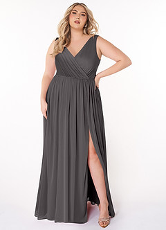 Azazie Tanicia Bridesmaid Dresses Steel Grey A-Line V-Neck Pleated Mesh Dress image5
