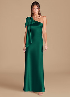 Azazie Capri Bridesmaid Dresses Emerald Sheath One Shoulder Metallic Satin Dress image3