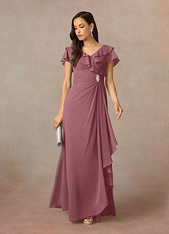 Azazie Snapdragon Mère de la mariée Robes Robe Trapèze en Mousseline de soie Col en V froncé Rose Du Désert image1