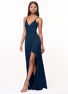 Azazie Maksim Bridesmaid Dresses Dark Navy A-Line V-Neck Stretch Satin Dress image4