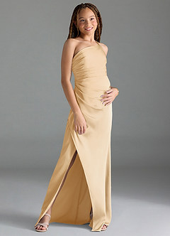 Azazie Eren Junior Gold Sheath Pleated Stretch Satin Dress image3