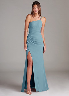Azazie Eren Vestidos de damas de honor Vestido de Azul Malhumorado de Gasa de Corte Recto con Hombro unilateral image3