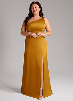 Azazie Phaedra Bridesmaid Dresses Butterscotch A-Line One Shoulder Stretch Satin Dress image6