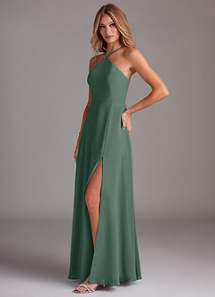 Azazie Bailey Bridesmaid Dresses Sea Moss A-Line Halter Side Slit Chiffon Dress image3