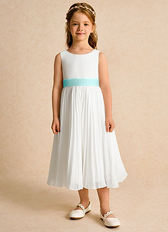 Azazie Margot Flower Girl Dresses Ivory Aqua A-Line Pleated Chiffon Dress image6