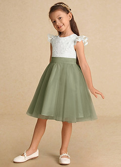 Azazie Vetty vestidos de niña de las flores Vestido de Marfil Pistacho de Tul de Corte En A con Encaje image3