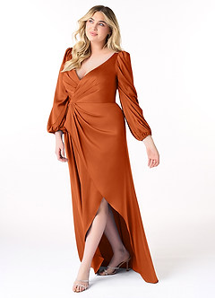 Azazie Mel Bridesmaid Dresses Burnt Orange Sheath Long Sleeve Stretch Satin Dress image9