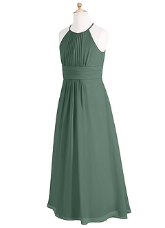 Azazie Bonnie Junior Vestido Musgo Marinho de Chiffon de Linha A com Plissado image7