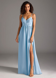 Azazie Alia Robes de demoiselle d'honneur Robe Trapèze en Satin extensible Plissé Poudre Bleue image1