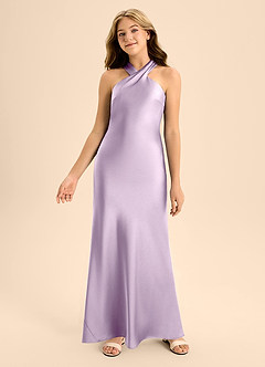 Azazie Doretta Junior Vestido de Lila Esmerilada de Satén Elástico de Corte En A con Plisado image4