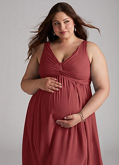 Azazie Yetta Maternity Bridesmaid Dresses A-Line V-Neck Gathered Chiffon Floor-Length Dress image8