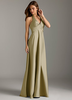 Azazie Tessie Bridesmaid Dresses Moss Green A-Line Pleated Stretch Satin Dress image4