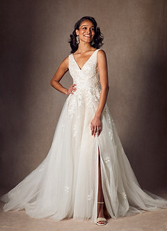 Azazie Joie Abiti da Sposa Abito A-Line in Tulle con Scollo a V e Paillettes Diamante Bianco Nudo image1