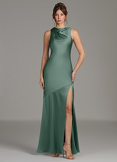 Azazie Kiara Bridesmaid Dresses Eucalyptus Mermaid Pleated Stretch Satin Dress image4
