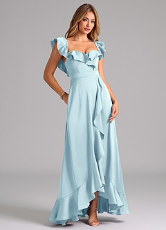 Azazie Lyra Robes de demoiselle d'honneur Robe Trapèze Convertible en Satin extensible Épaules dénudées Bleu Nuage image2