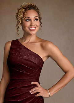 Azazie Joylin Mother of the Bride Dresses Cabernet Trumpet One Shoulder Floral Burnout Dress image5