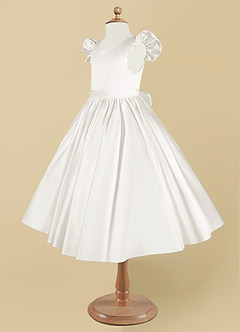 Azazie Violeta Flower Girl Dresses Ivory Ball-Gown Bow Matte Satin Dress image9