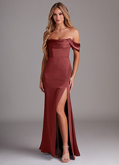 Azazie Saige Bridesmaid Dresses Terracotta Sheath Off the Shoulder Stretch Satin Dress image1
