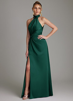 Azazie Gracelynn Robes de demoiselle d'honneur Robe Fourreau en Satin extensible Plissée émeraude image6