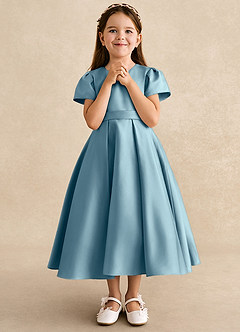 Azazie Princess Robe Demoiselle D'honneur Fillette Robe Trapèze en Mat Satiné Plissée Bleu Maussade image4