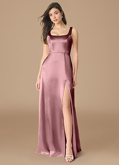 Azazie Joyce Bridesmaid Dresses Vintage Mauve A-Line Side Slit Metallic Satin Dress image1