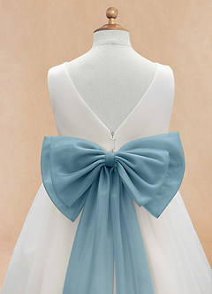 Azazie Kavi Flower Girl Dresses Ivory Moody Blue A-Line Bow Matte Satin Dress image10