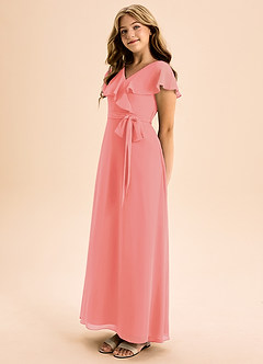 Azazie Lainey Junior Abito A-Line in Chiffon Con Tasche Corallo image3