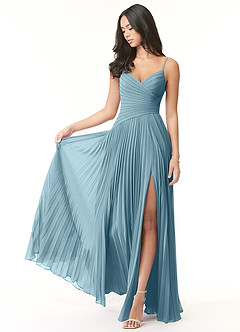 Azazie Vini Bridesmaid Dresses Moody Blue A-Line V-Neck Pleated Chiffon Dress image1